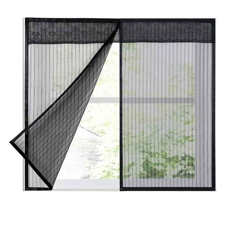 Plasa anti-insecte pentru fereastra, magnetica, cu inchidere dubla si magneti centrali, cu banda Velcro si tacuse de montaj, Negru, 120x120 cm