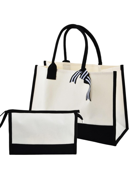 Juta tote/shopper táska pamut béléssel, extra nagy 43 x 30 x 20 cm, bélelt elülső zseb, megerősített vászon alj, levehető díszszalag, környezetbarát, újrafelhasználható, fehér/fekete
