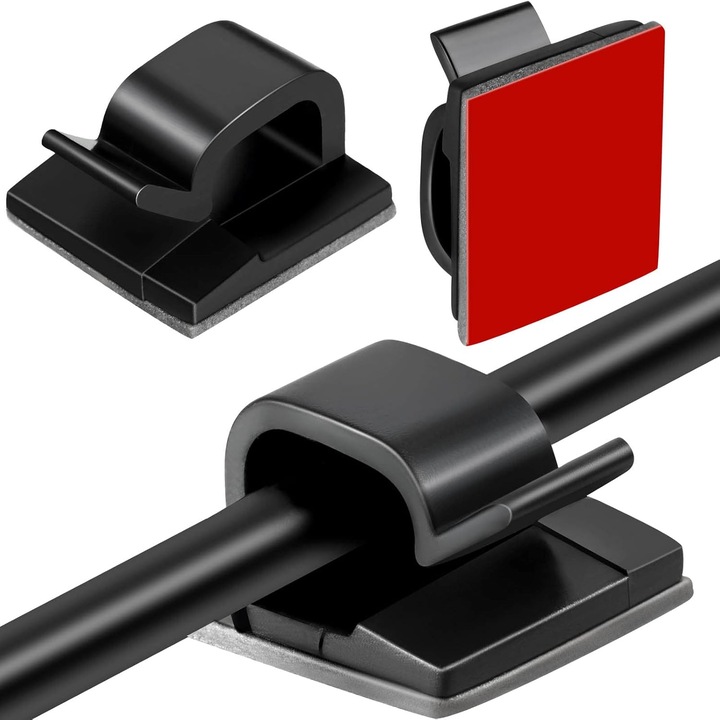 Ragasztó kábelcsipeszek, rendszerező bilincsek, maradékmentes kétoldalas ragasztószalaggal, ultravékony, rugalmas PVC-ből, 6.6 mm-es kábelekkel kompatibilis, fekete, 60 darab