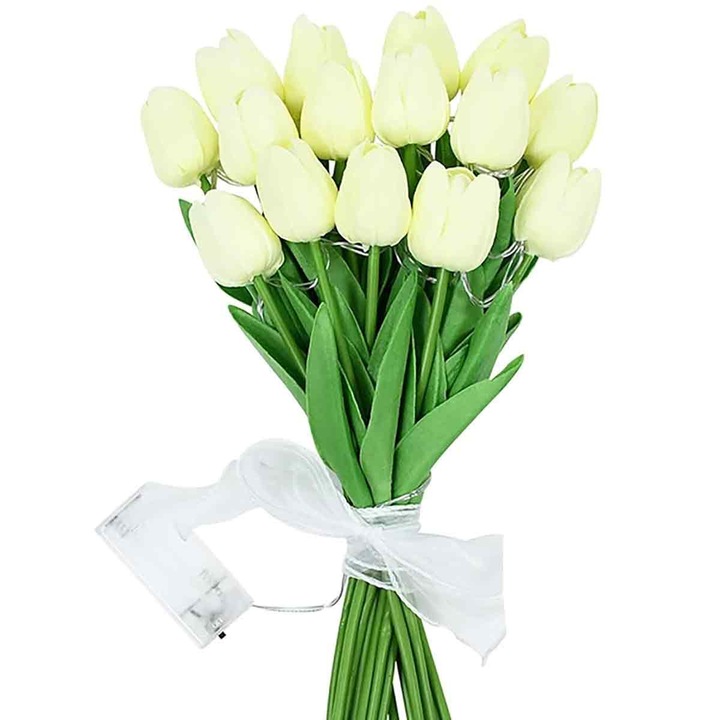 Lampa de noapte LED lalele artificiale, decor floral realist, alb cald, 33cm