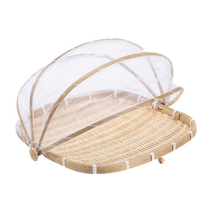 Cos pentru fructe si legume, tava din ratan natural cu plasa fina protectoare impotriva insectelor, tesut manual, Natural, S (26 x 18 x 11 cm)