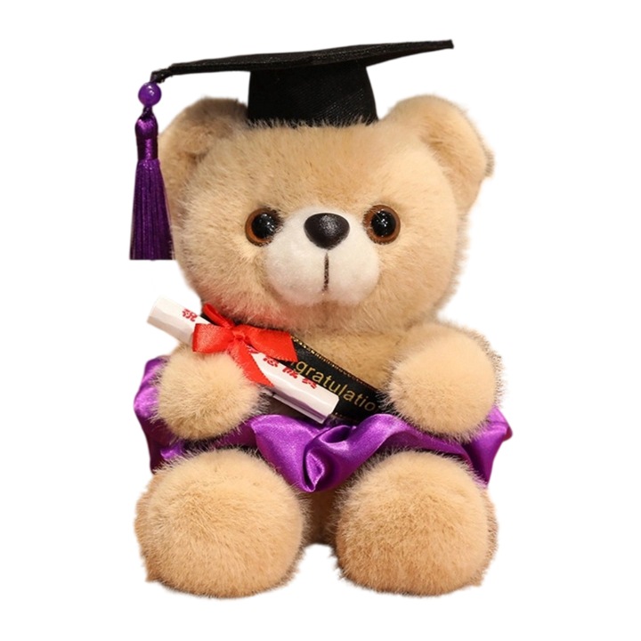 Plüss mackó, ballagási játék, fekete doktori sapkával és arany bojtjával, levehető hamis diplomával, többszínű, 30 cm