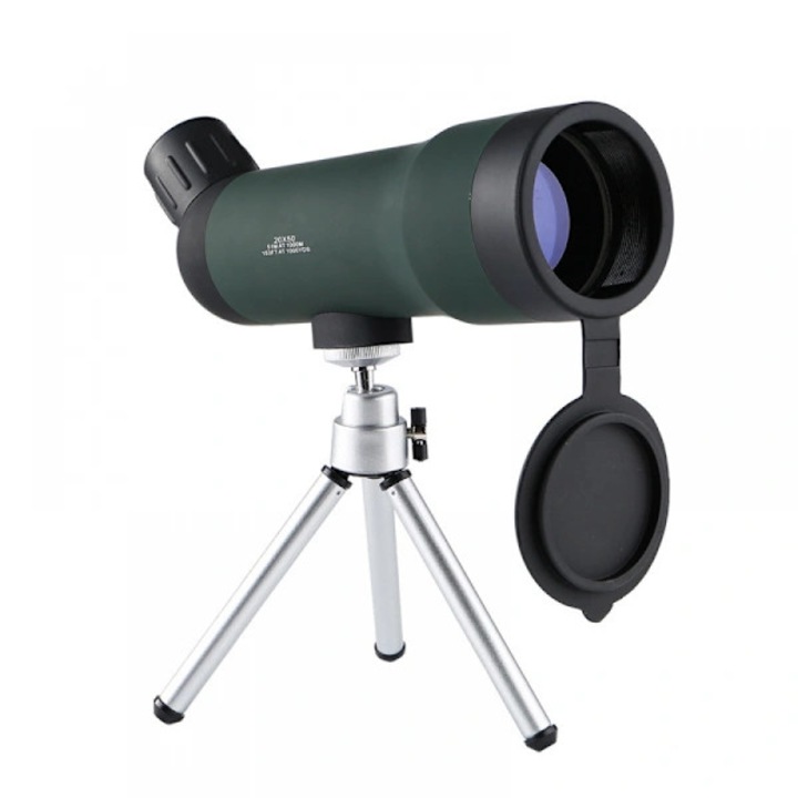 Monokuláris távcső 20x50, 20x50 modell, 20x nagyítás, 50 mm objektív átmérő, FMC kék bevonatú optikai lencsék, tetőélprizmás rendszer, állvánnyal és tokkal, fekete/zöld, 1 db
