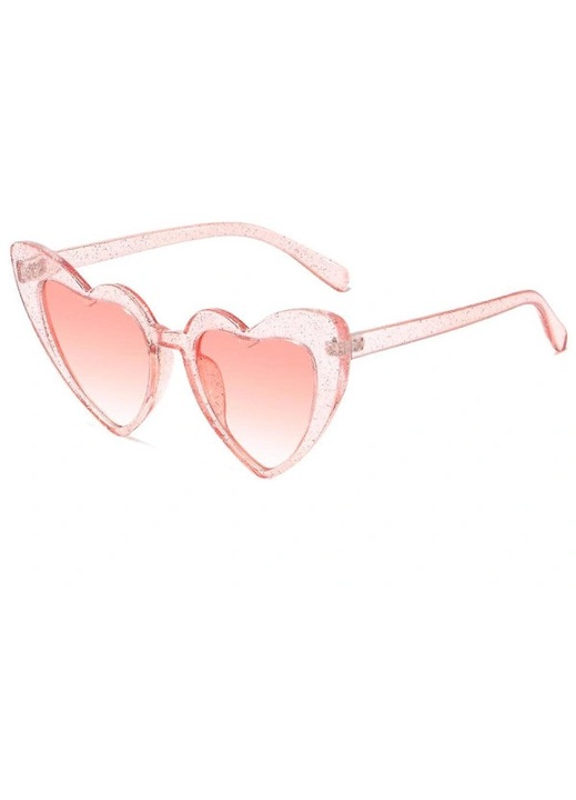 Ochelari de soare din plastic, polarizati UV400, lentile oglinda colorate, model inima cu sclipici, Roz