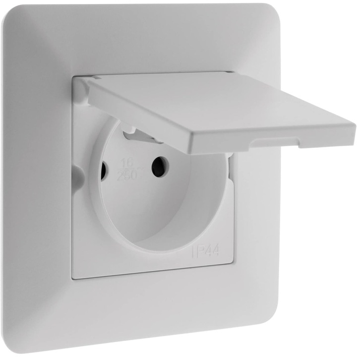 Контакт 2P+E 16A IP44 водоустойчив бял с автоматичен капак 8.6x8.6x5cm