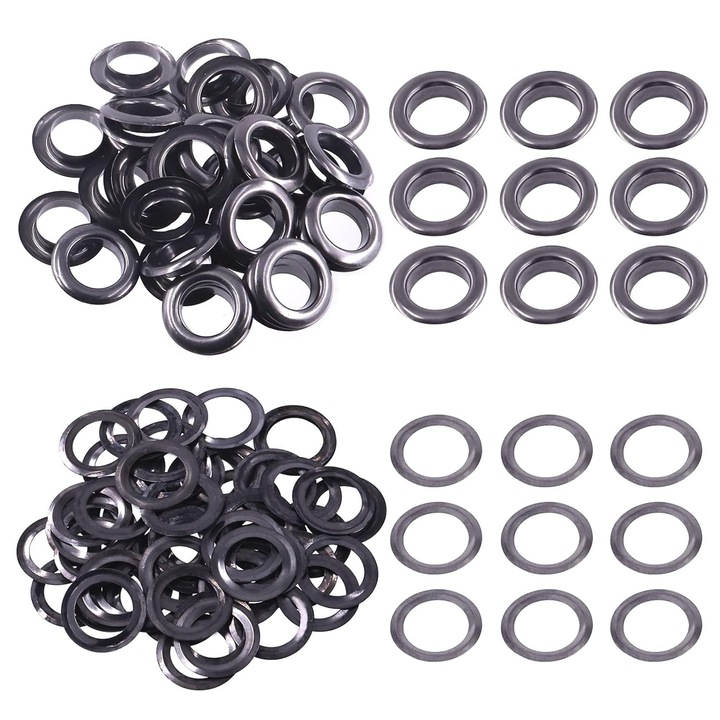 Set 100 bucati, ochiuri metalice inox 14 mm cu saibe, rezistente la coroziune, reutilizabile, argintiu