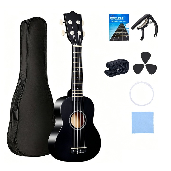 Ukulele szett gyerekeknek, 21 hüvelykes, 4 húros, ABS, tartozékokkal, fekete, 53x33cm