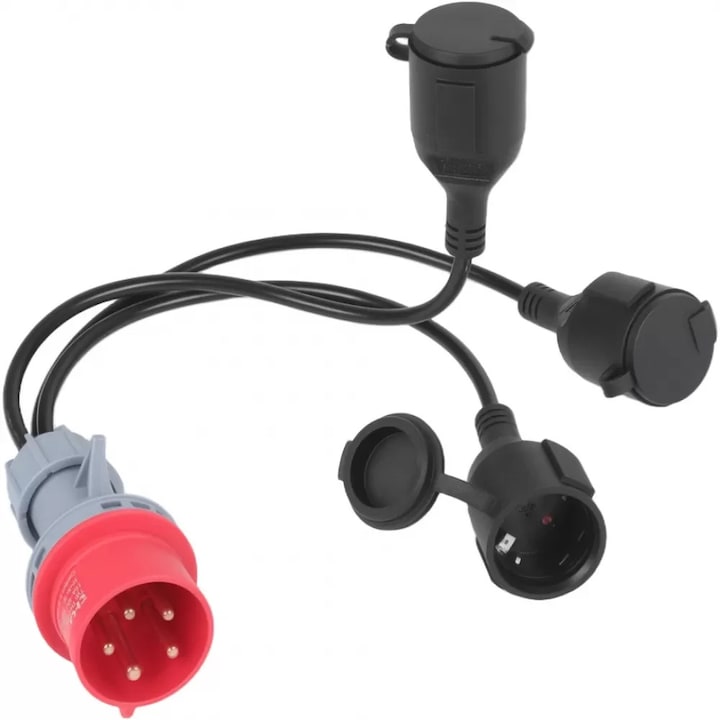 CEE nagyfeszültségű elosztó adapter 400V 16A, 5 tűs CEE 3 független Schuko 230V aljzathoz, tűzálló gumi/PVC ház, aranyozott sárgaréz érintkezők, IP44, Többszínű, 1 db