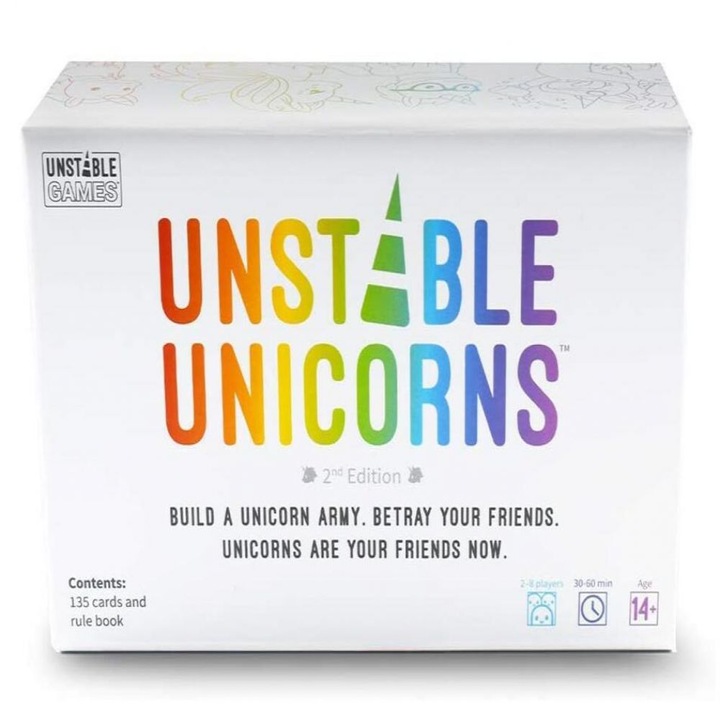 Kártyajáték, társasjáték Unstable Unicorns 2. kiadás, 135 kártya, laminált papír, többszínű, 1 szett