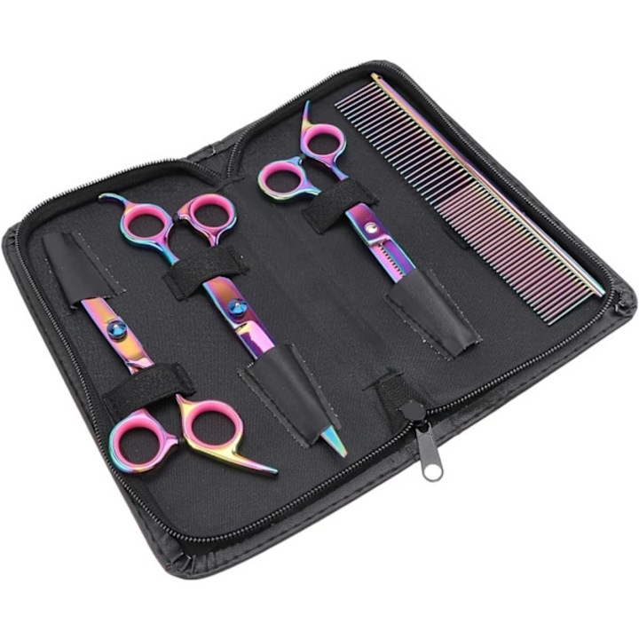 Set 4 bucati, Foarfeci de frizerie profesionale, otel inoxidabil, include pieptene si husa din piele, foarfeca dreapta 17cm / foarfeca dentata 17cm / foarfeca curbata 20cm, Multicolor