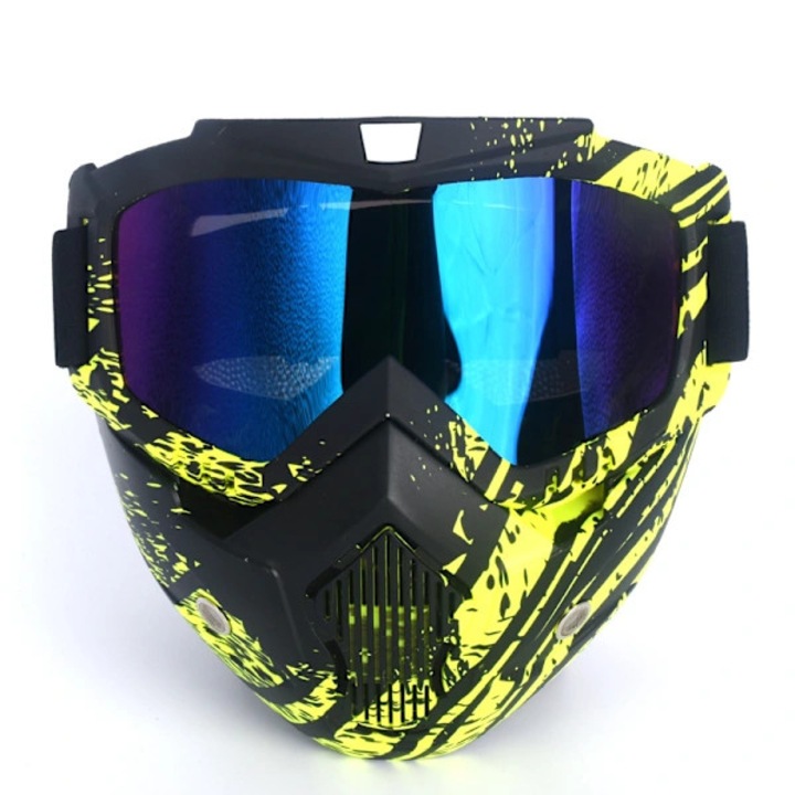 Ochelari moto off-road cu masca detasabila, anti-aburire si protectie UV, negru/galben