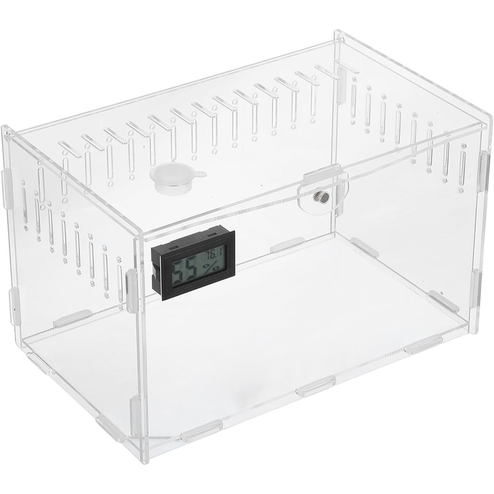 Terariu acrilic transparent 30x20x15cm cu higrometru electronic si ventilatie multiplu