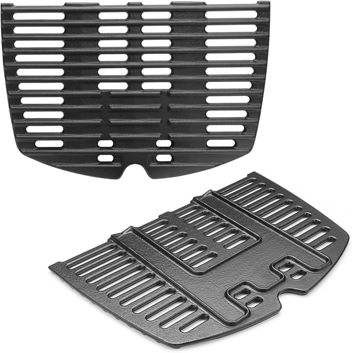 Комплект от 2 броя, Чугунени скари за готвене, съвместими с Weber Q100/Q120/Q1000/Q1200/Q1400, модел 7644, модулен дизайн от две части, матово покритие, Черен, 2 x 32 x 21.6 см
