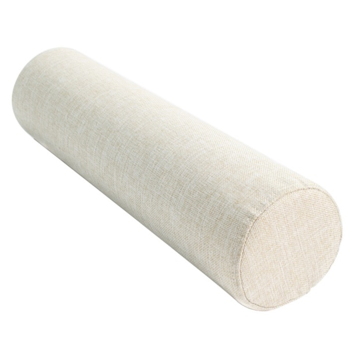 Perna rotunda din in, perna suport ergonomica cu spuma cu revenire inalta, husa detasabila cu fermoar YKK, Bej, 20x50 cm