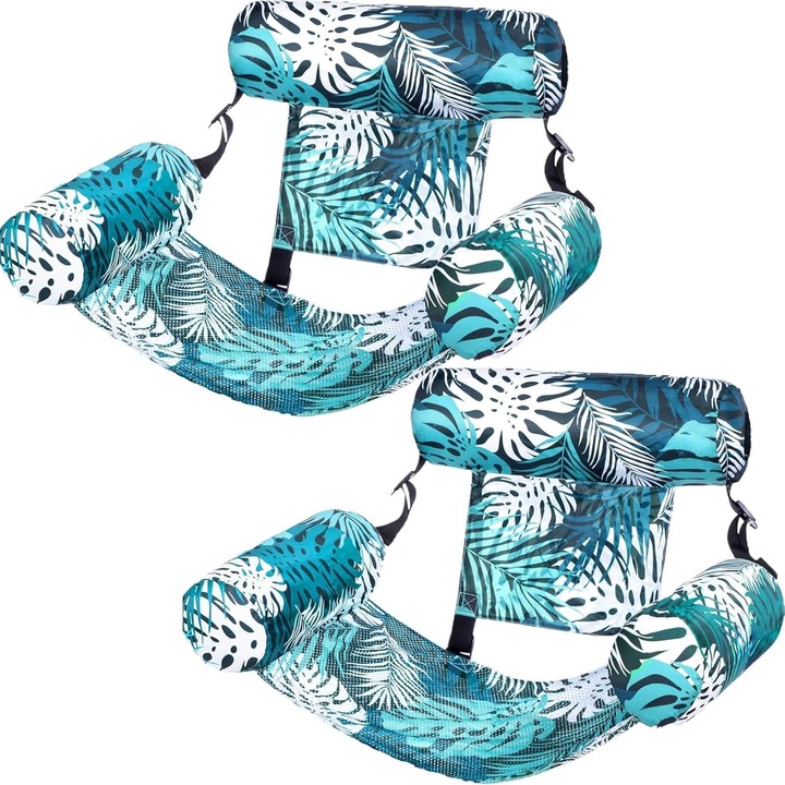 Colac gonflabil 4-in-1 hamac/saltea pentru piscina, PVC rezistent la perforare, umflare rapida 20s cu valve unidirectionale, capacitate 113 kg, albastru, Set 2 bucati, 76x40.5x61 cm