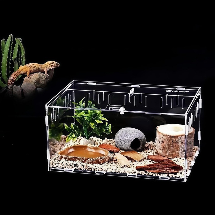 Terariu acrilic vivariu transparent pentru reptile si amfibieni, din acrilic non-toxic, fara BPA, vizibilitate 360°, ventilatie laterala multipla si plasa superioara, asamblare rapida fara unelte, 30 x 20 x 15 cm, Transparent, 1 buc