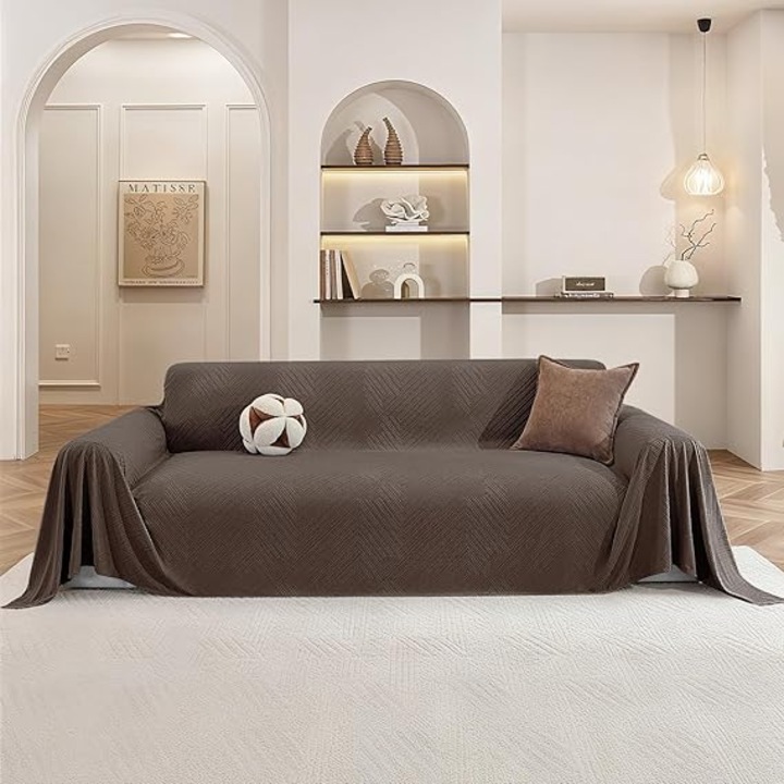 Husa canapea 4 locuri 200x380 cm, protectie antiderapanta, rezistenta, maro cafea