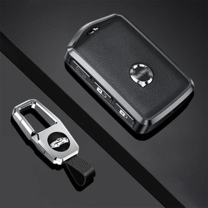 Husa cheie auto Smart Key compatibila Volvo C30/S60/S80/S90/V60/V70/V90/XC40/XC60/XC70/XC90, aliaj aluminiu aeronautic si piele, carcasa protectoare cu suport cheie, protectie anti-zgarieturi si montare usoara, negru, 1 bucata