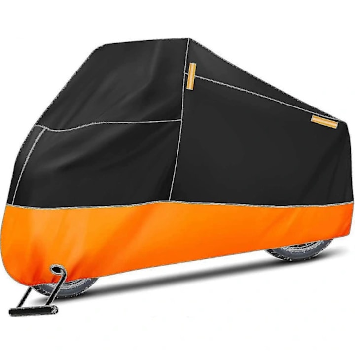 Husa pentru motocicleta, prelata impermeabila 210D cu 4 benzi reflectorizante, orificiu pentru lacat si curea antivant, negru/oranj, 295x110x140 cm, 1 buc