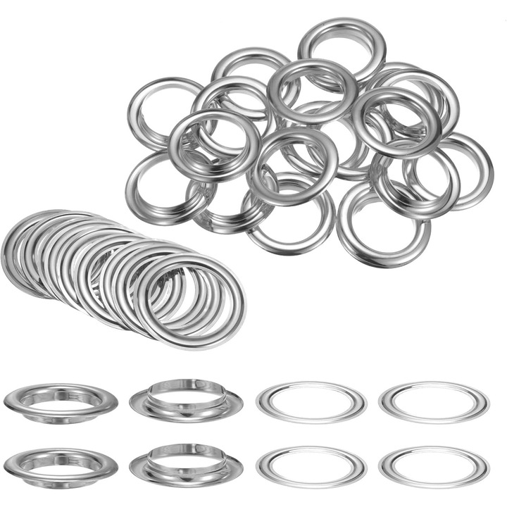Ocheti metalici (grommets) 40 mm, placare electroplata argintie, design profesional doua piese snap-fit, rezistenti la coroziune, argintiu, 20 seturi (40 buc.)