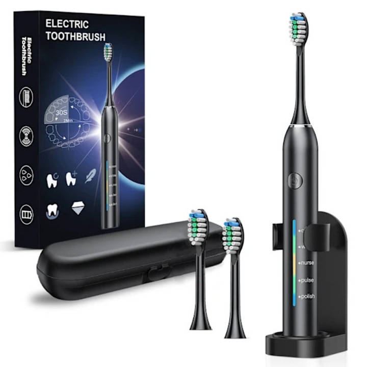 Periuta de dinti electrica, perie dentara electrica, cu suport, 2 capete de schimb interschimbabile, negru, 1 buc