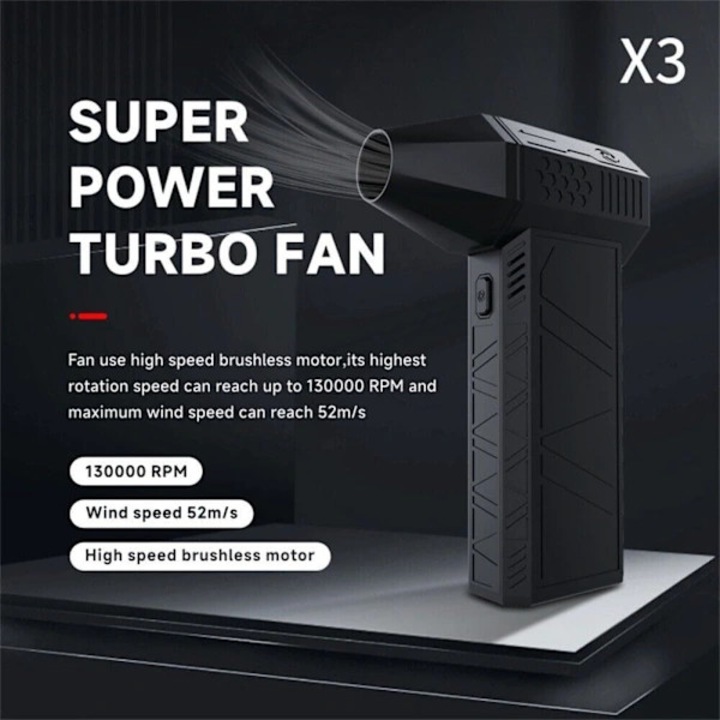 Hordozható turbó ventilátor X3, kék, 3000mAh, 130000RPM, 30A, 180W, 4h, 1x, ABS, 1x Type-C kábel, 1x mágneses fúvóka