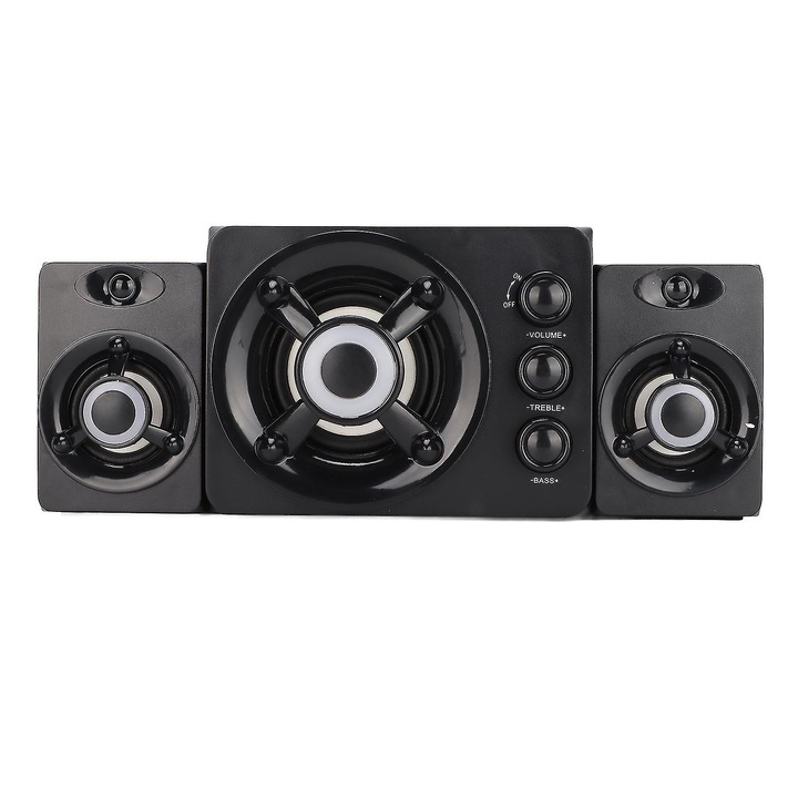 2.1 PC hangszórók, 2 x 3W szatellit hangszórók és 5W mélynyomó, USB plug-and-play tápellátás, dinamikus RGB LED, Aux 3.5mm, Fekete, 1 szett
