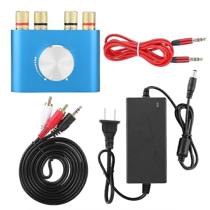 Bluetooth mini sztereó audio erősítő TPA3116 100W (50W x 2), USB és AUX, 110-240V tápellátás, Kék