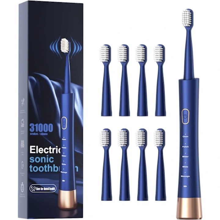 Periuta de dinti electrica, 5 moduri, 8 capete, albastru, IPX7, 2x15x3cm