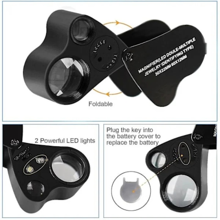 Lupa bijutier pliabila cu LED, marire 30x-60x, compacta, alba