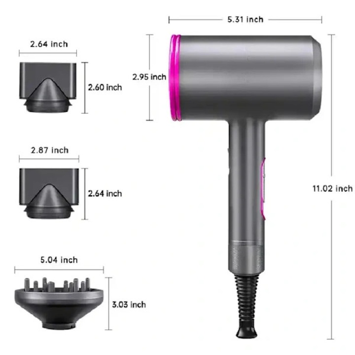 Hajszárító, nem összecsukható modell, 1800W, negatív ion technológia, diffúzor és 2 szűkítő, fekete, 1 db
