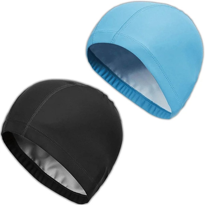 Caciula de inot/boneta pentru piscina din PU si 100D poliester, cu spatiu pentru par lung si margine elastica, Negru/Albastru deschis, Universal
