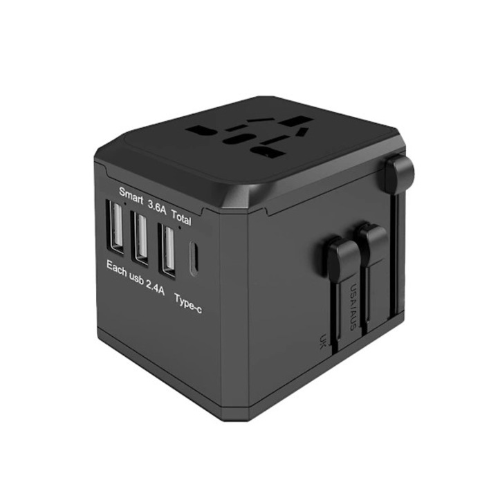Универсален адаптер за пътуване с 4 USB порта, защита, компактен, бял