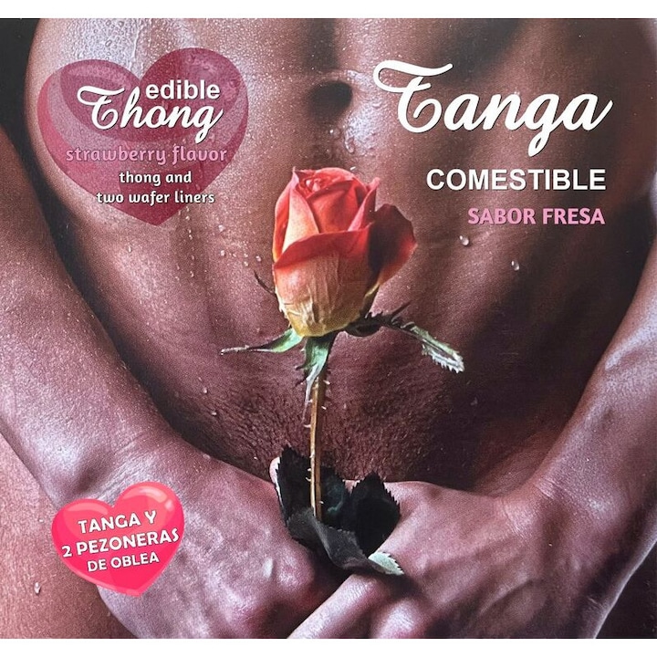 HOTFLOWERS, Tanga comestibila din oblea pentru barbati, cu aroma de capsuni, include 2 pezonere comestibile, flexibila, Marime unica