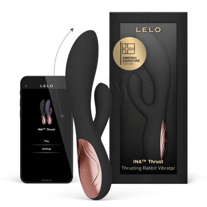 Vibrátor nyúl LELO INA Thrust, Dynamic Thrust technológiával (toló mozgás) és csiklóstimulátorral, prémium szilikonból, USB-ről tölthető, 100% vízálló, fekete, 1 db