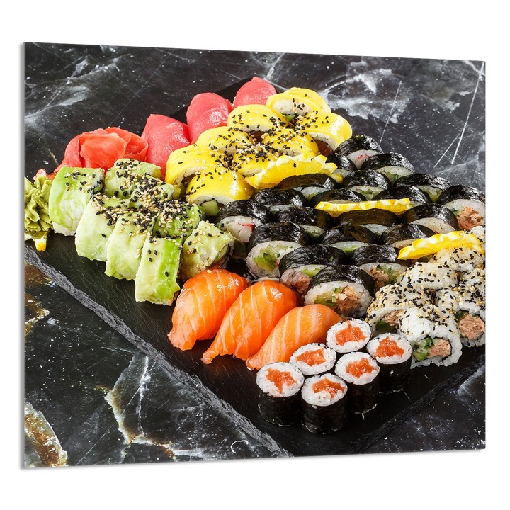 TMK ArtDeko Sushi üveg panel konyhába, 2 az 1-ben vágódeszka és főzőlap védő, UV nyomtatás hátoldalon, Többszínű, 65x60 cm