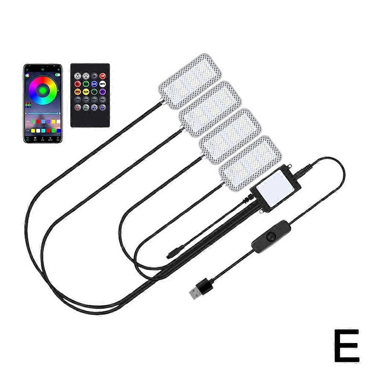 Комплект интериорно осветление за кола, 12 LED RGB, контрол на музика, USB, многоцветен, 4x светлини