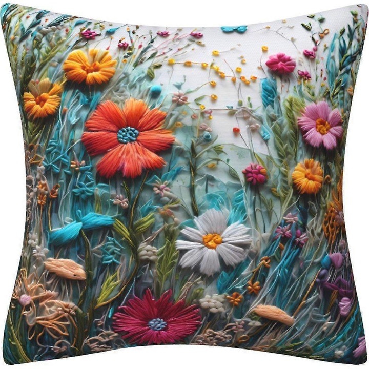 Többszínű virágos párnahuzat 45x45cm poliészter rejtett cipzárral