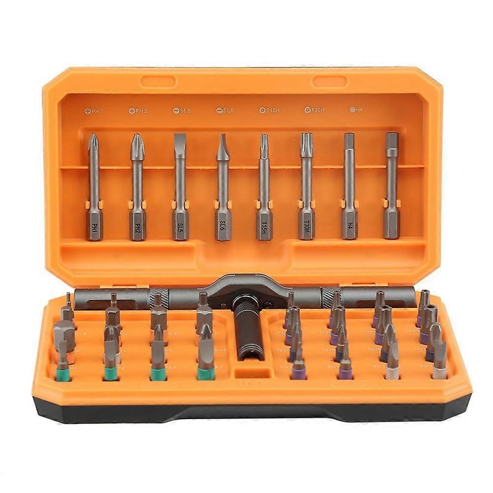 Set surubelnite cu clichet 42 in 1, biti S2 magnetici, maner din aliaj de aluminiu forjat, portocaliu, 42 piese
