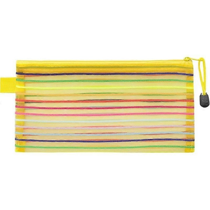 Penar etui din plasa transparenta, cu fermoar si maner portabil, compact 22.7 x 12 cm, galben, 1 buc