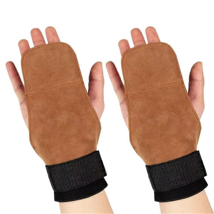 Gripuri pentru haltere, manusi de antrenament din PU cu protectie pentru palma, incheieturi captusite si reglabile, Maro, 20x8 cm