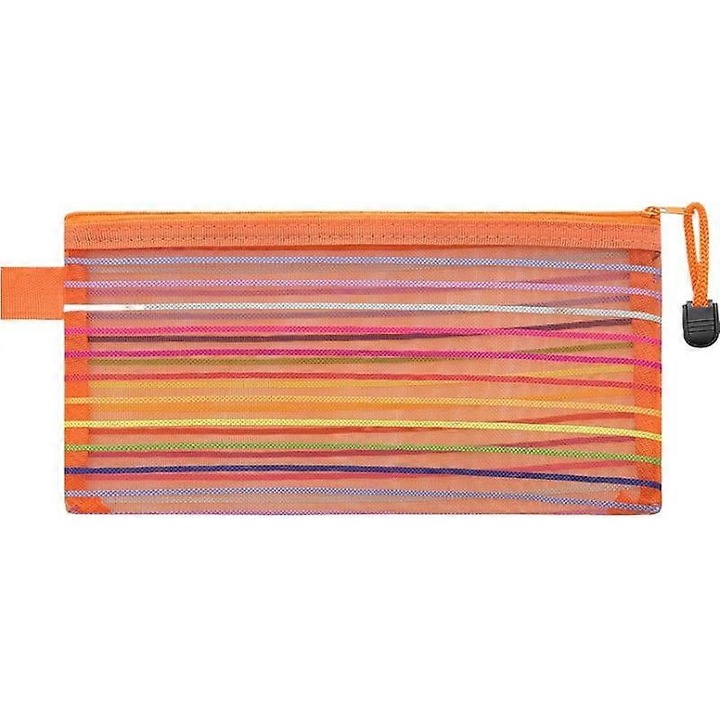 Penar etui mesh din poliester, organizator transparent cu fermoar si maner, 22.7x12 cm, portocaliu, 1 buc