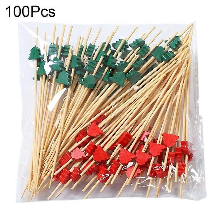 Bambusz nyársak, 100 db, Karácsony, ünnepi minták, 12 cm