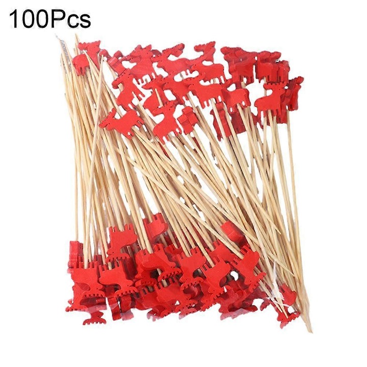 Ünnepi bambusz nyársak/frigarui, karácsonyi (Mikulás, fenyőfa, rénszarvas, hópehely), hegyes a könnyű rögzítéshez, 12 cm, natúr/piros, 100 darab
