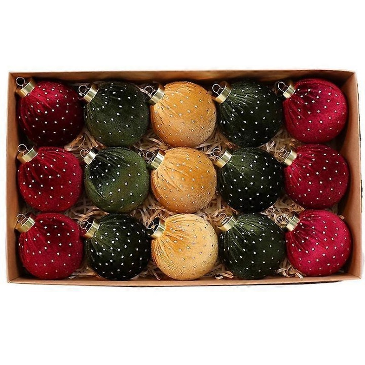 Коледни топки комплект 12/15, кадифе, многоцветни, 8см