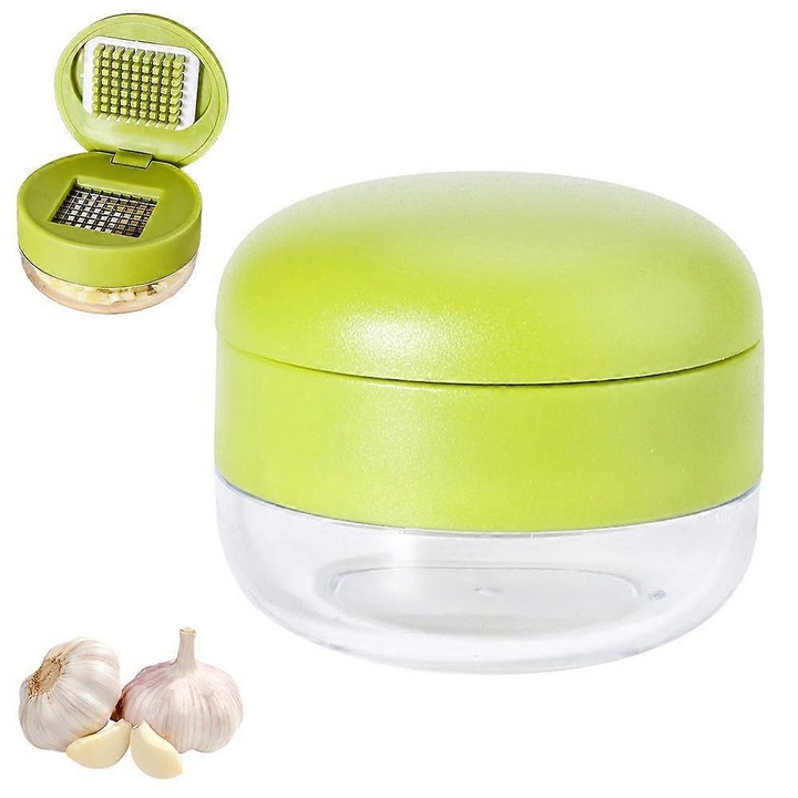 Set 3 bucati, presa pentru usturoi, tocator manual din inox si plastic PP alimentar, detasabil, usor de curatat, verde