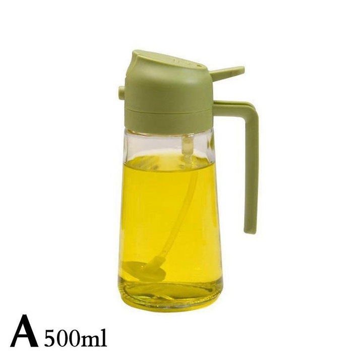 Olajpermetező flakon, 500ml, üveg és PP, zöld-sárga-fehér, 18x7cm