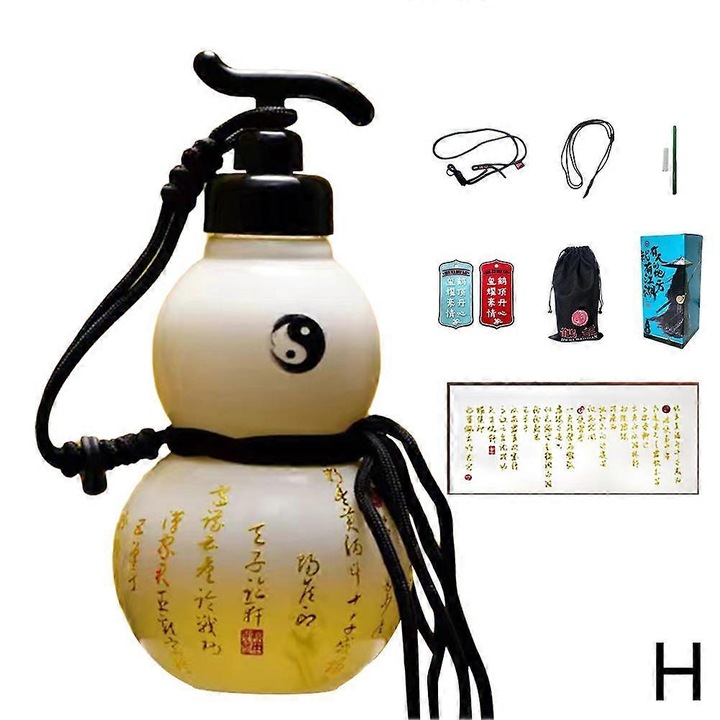 Bidon sport/sticla pentru apa calebasa din Tritan, cu design traditional chinezesc si curea de umar, accesorizat cu pai, perie si sticker, alb/galben, 680ml