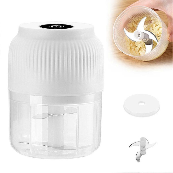Mini elektromos aprító, fehér-kék, 12x9.5x9.5cm, vezeték nélküli, USB-ről tölthető