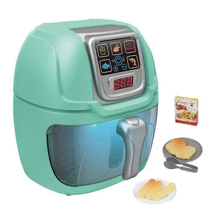 Friteuza de joaca, jucarie de bucatarie simulata din plastic, cu lumini si sunete inteligente, alimente cu schimbare de culoare la incalzire, verde menta, 17 cm, 1 buc